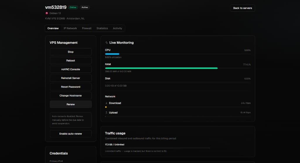 VPS overview with live CPU, RAM, and traffic stats
